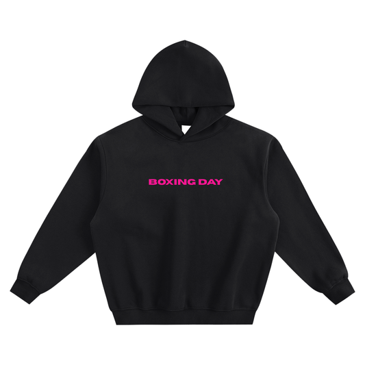 Boxing Day Fleeced Boxy Hoodie w/ Hand-drawn art by Tabetha Baldwin (Hot Pink)